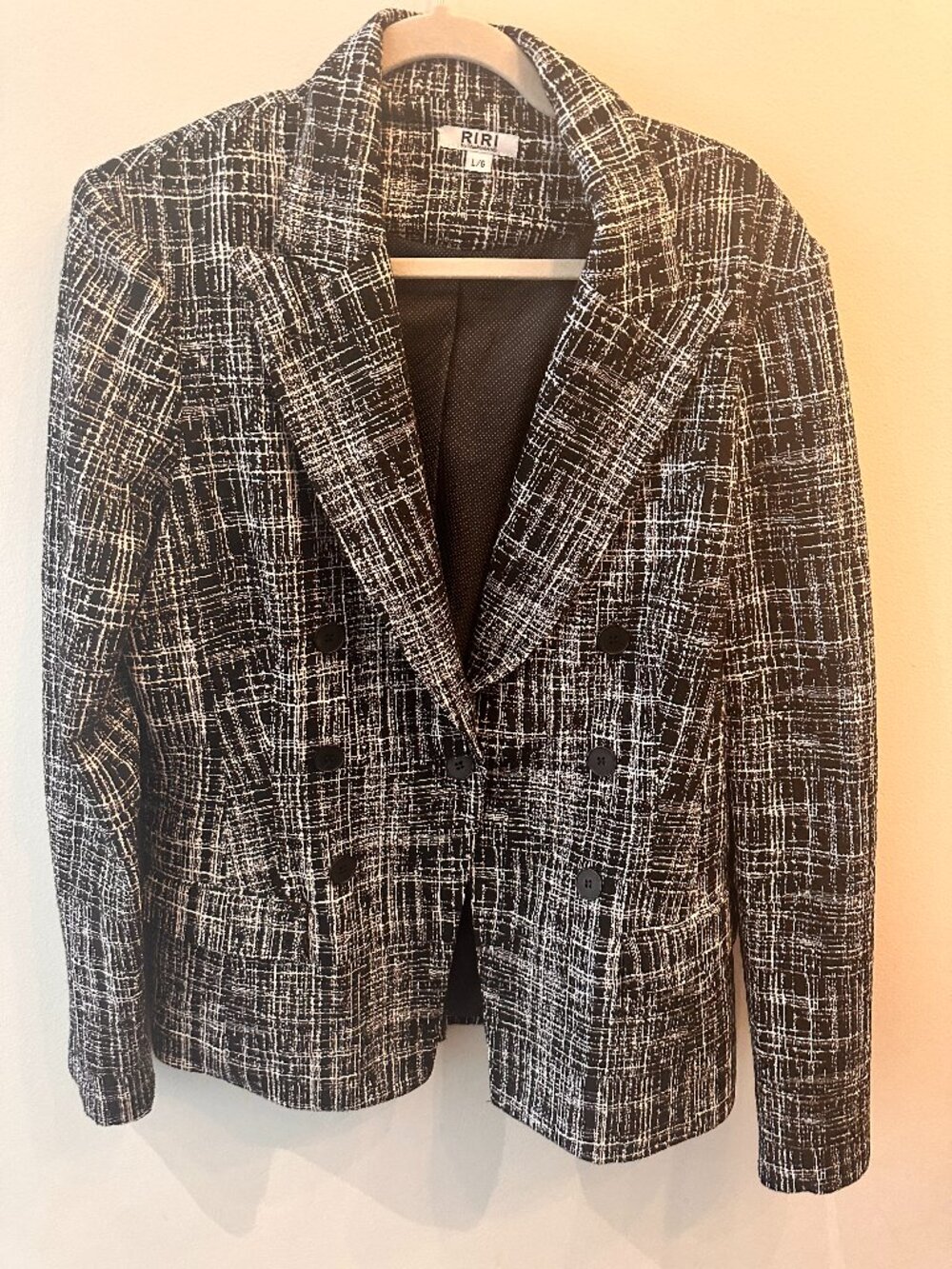 RIRI Black and White Double Breasted Textured Tweed Blazer Jacket